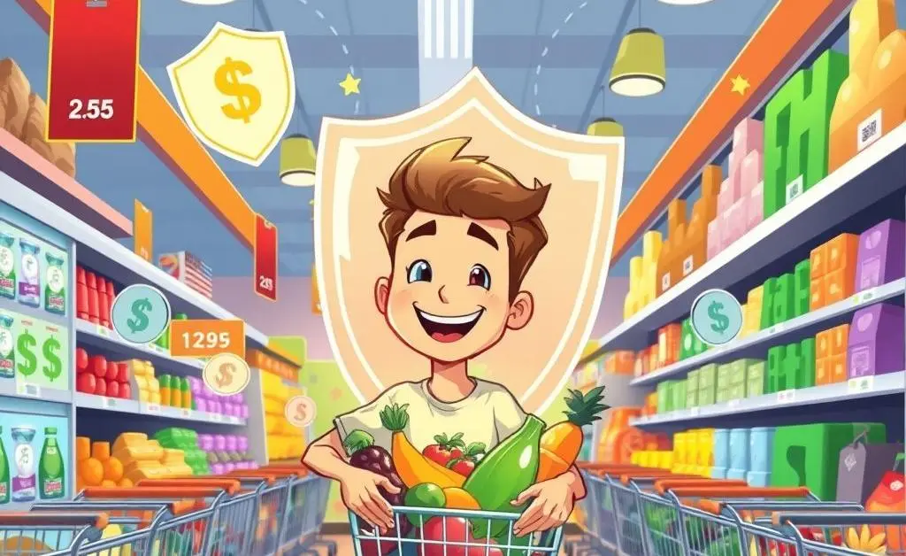 A person grocery shopping with financial protection elements like a shield and price tags visible.
