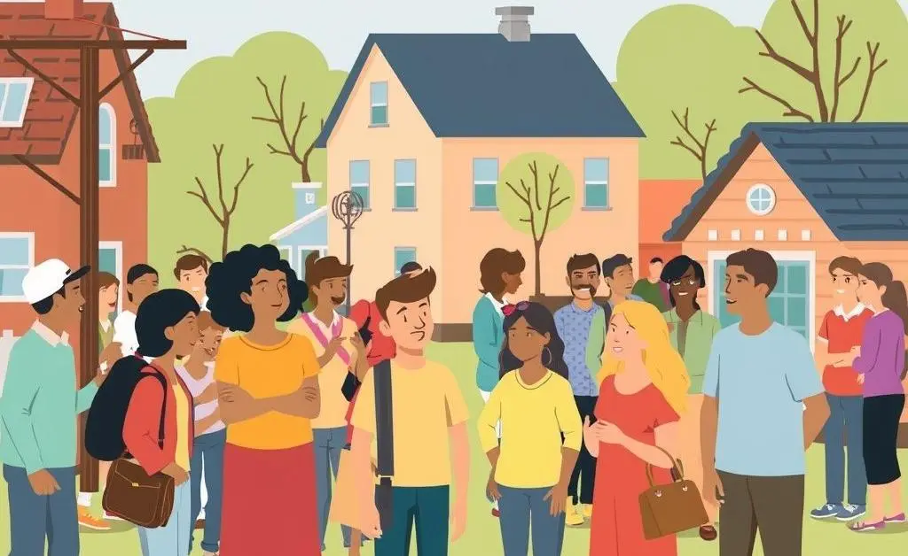 Illustration showing citizens responding to economic changes in a community setting.