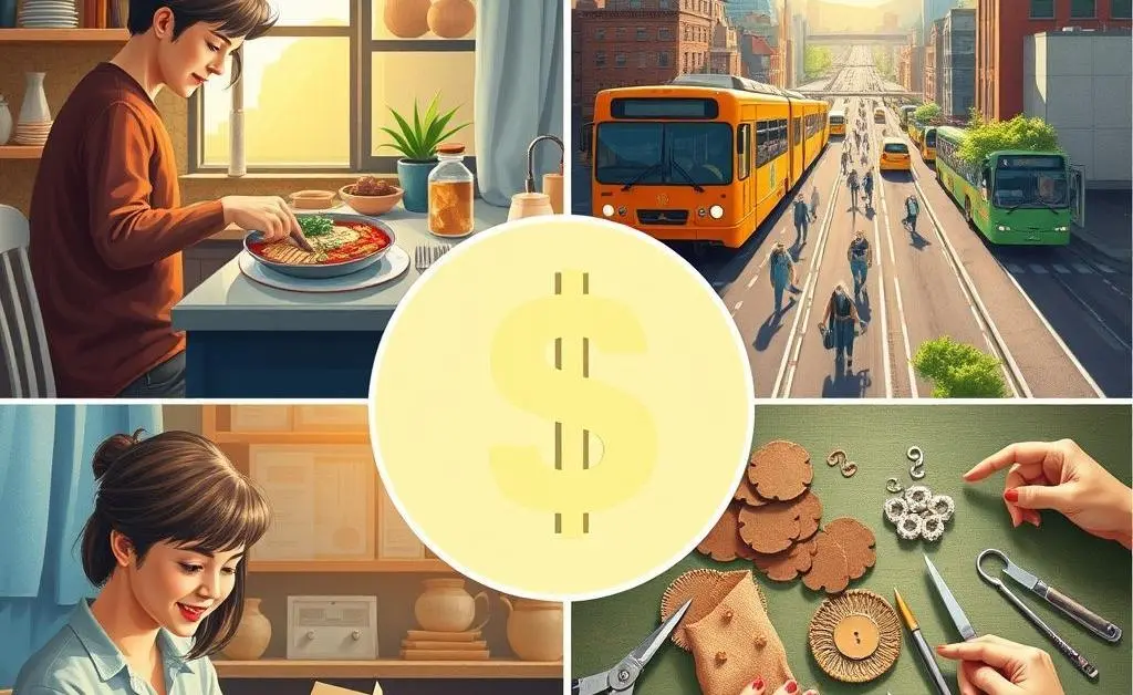 A collage of everyday money-saving habits like cooking at home, using public transport, and DIY projects.