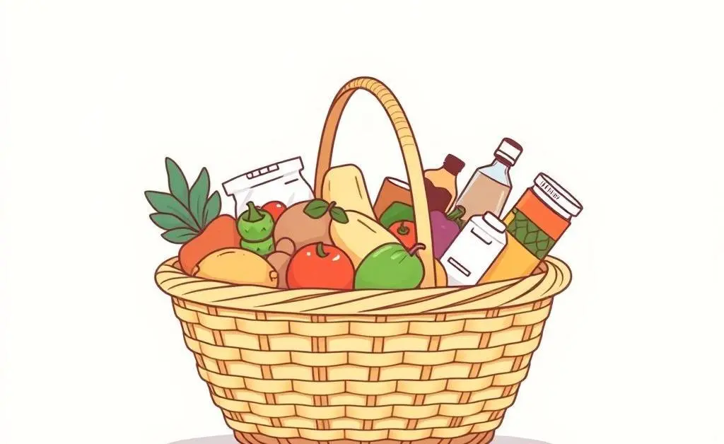 A grocery basket overflowing with goods affected by tariffs.