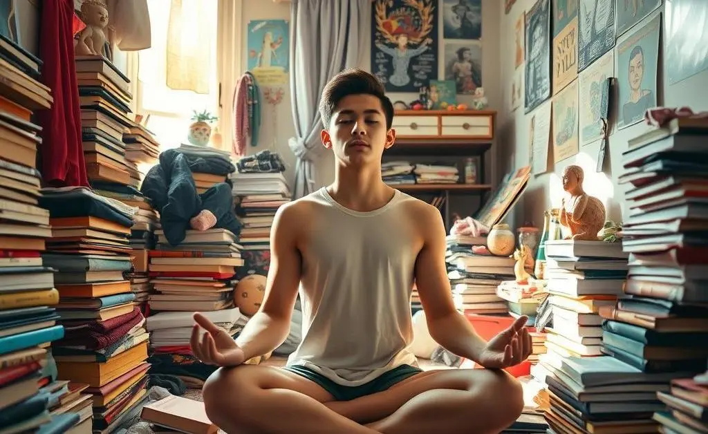 A person meditating amidst a cluttered room, finding peace in chaos