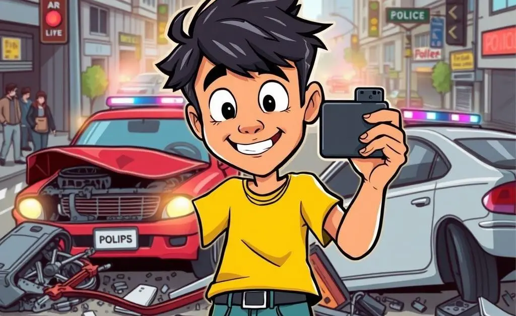 A person taking photos of a car accident scene with a smartphone