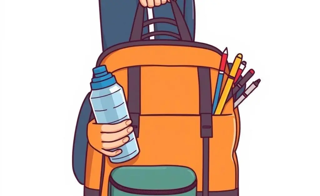 Cartoon-style illustration of a person packing their bag with a water bottle and pens before an exam