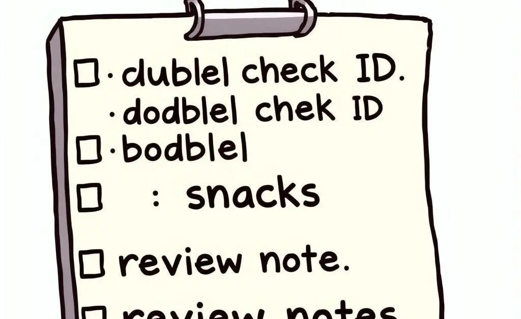 Cartoon checklist with exam preparation steps.