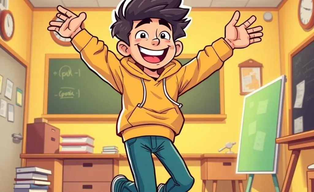 A cartoon-style image of a person doing a victory dance after finishing an exam.