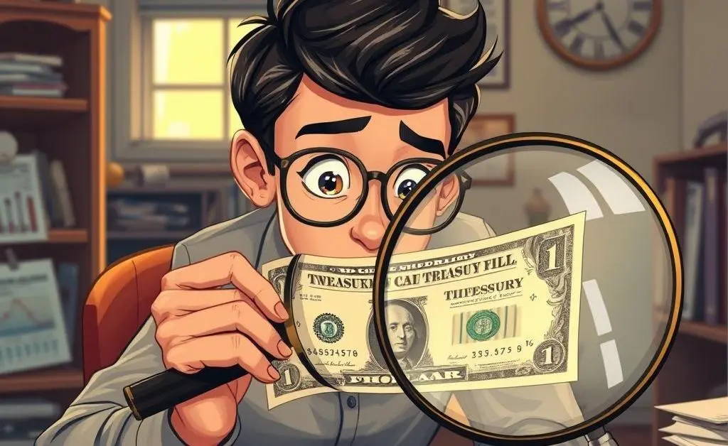 A curious person examining a Treasury Bill with a magnifying glass
