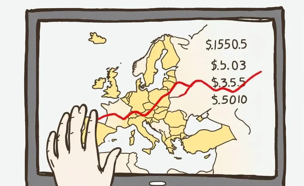 Person looking at fluctuating exchange rates on a screen with a map of Europe