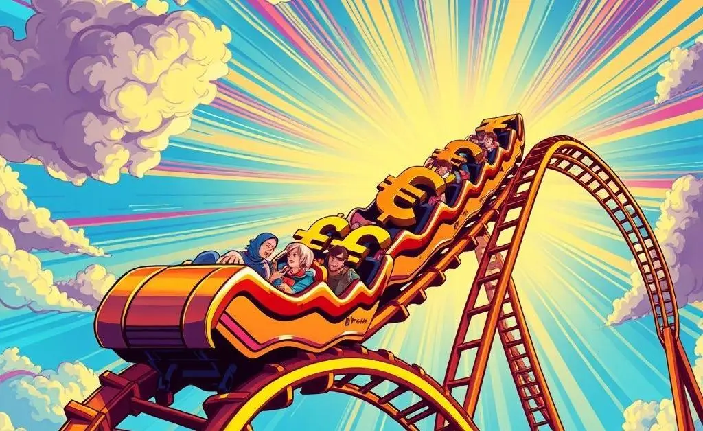 Illustration of a rollercoaster with currency symbols instead of cars