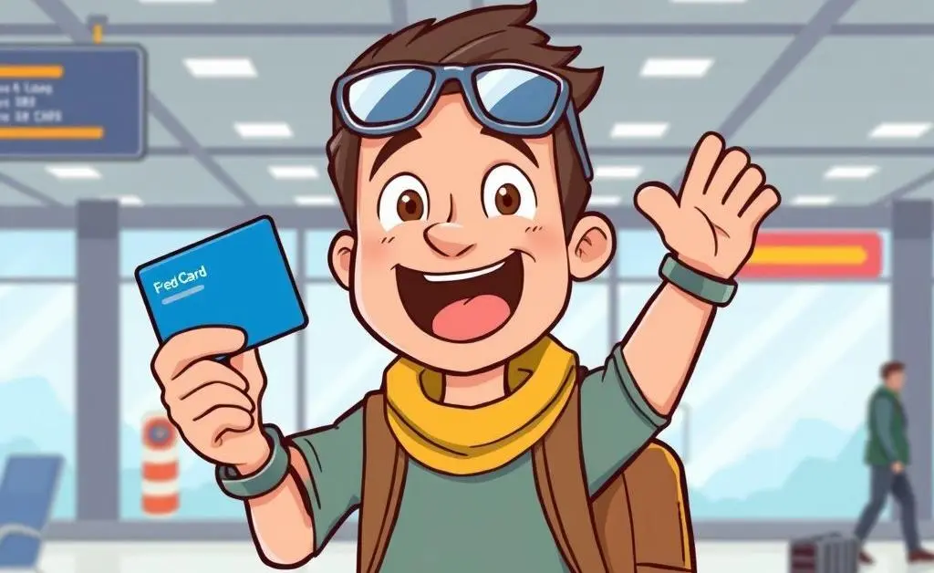 Cartoon of an excited traveler at an airport holding a credit card