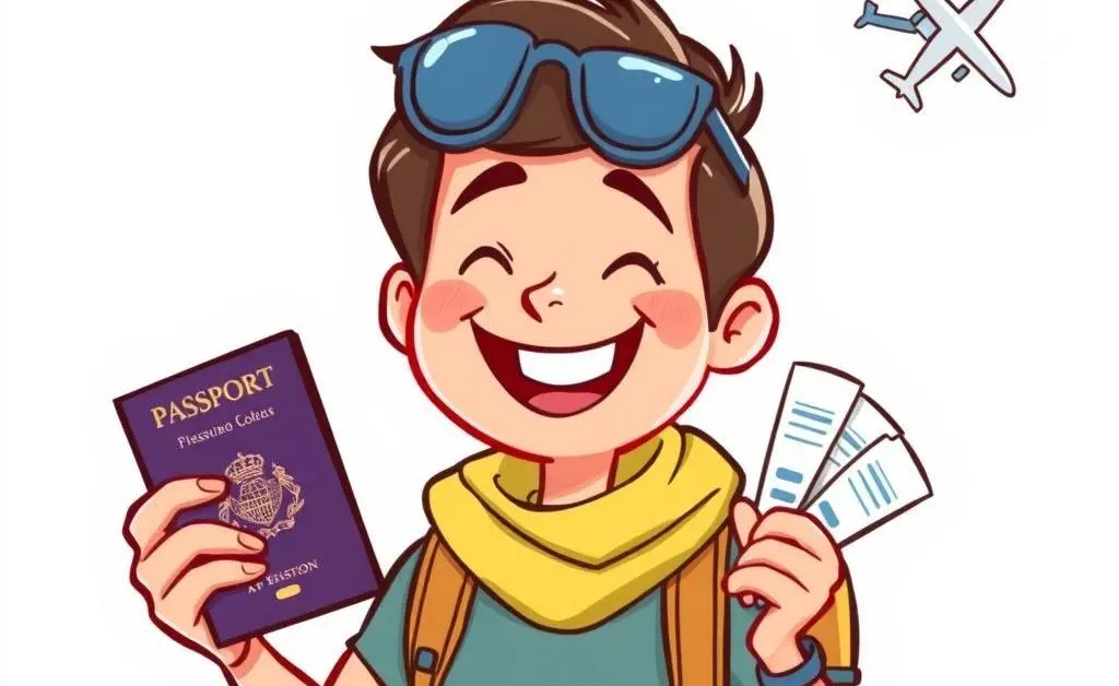 A happy traveler ready with passport and plane tickets