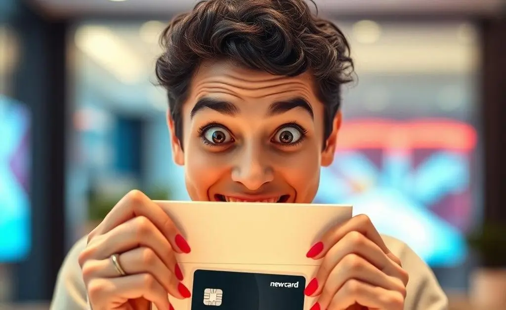 A character looking excited while unboxing a new credit card.