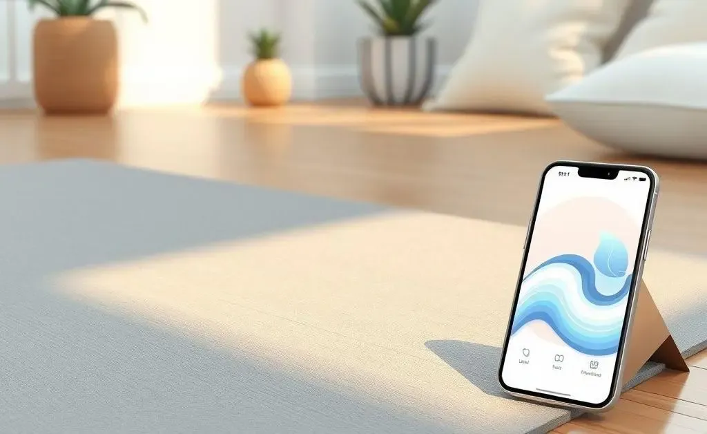 Yoga mat next to a phone displaying a mediation app