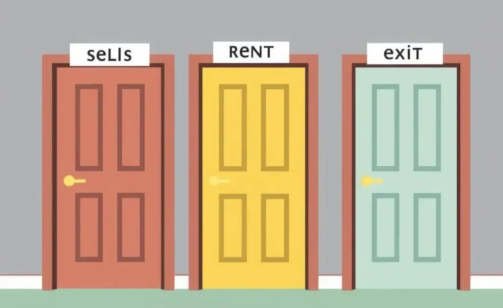Illustration of different exit doors labeled with various property exit strategies, like selling, renting, and refinancing.