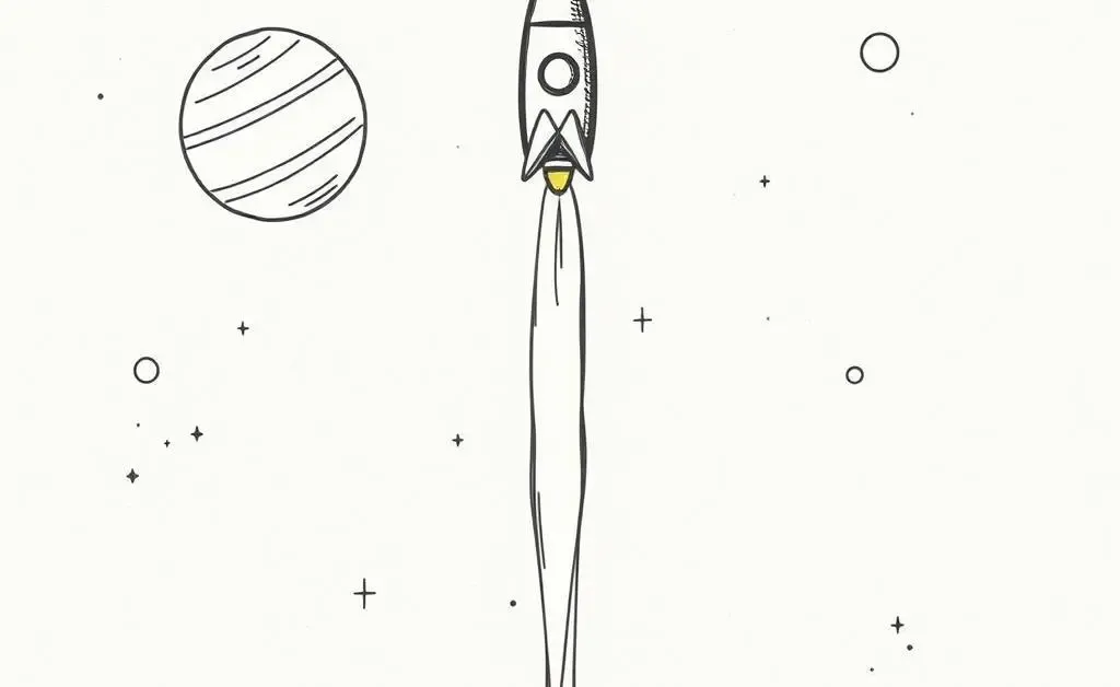 A hand-drawn illustration of a rocket launching into space with planets visible in the background