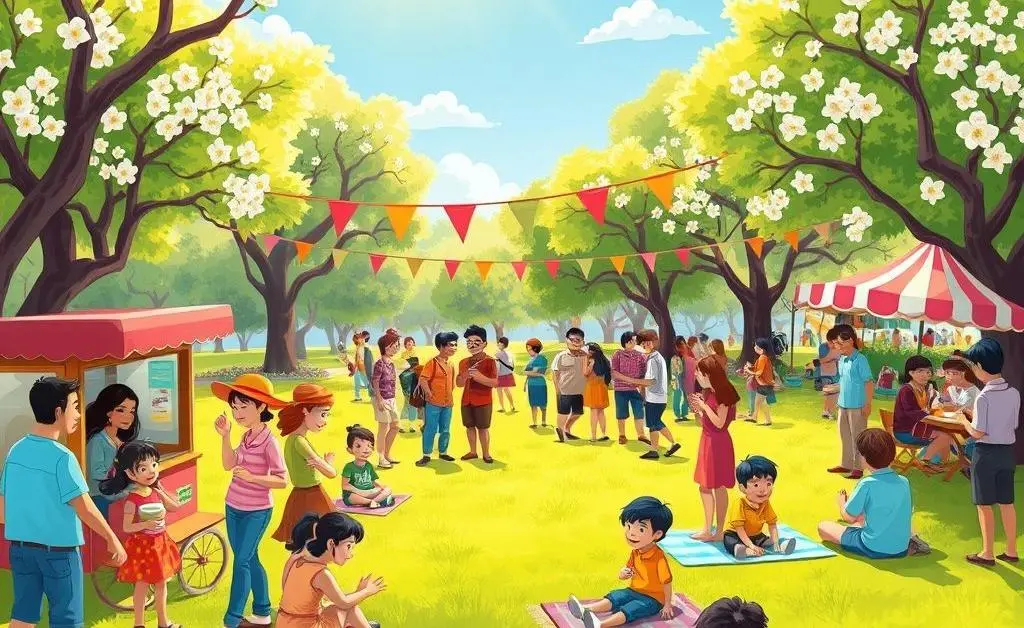 Cartoon depiction of a vibrant expat community event