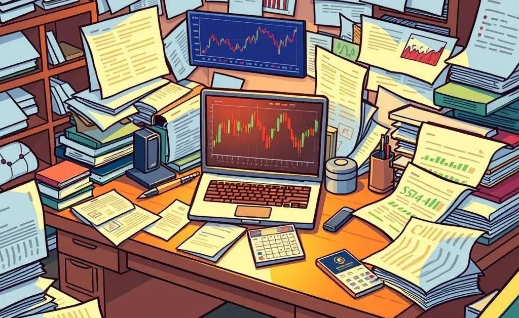 Desk with financial documents and a laptop displaying stock charts