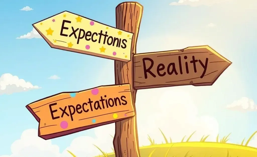A sign showing 'Expectations' and 'Reality' in opposite directions