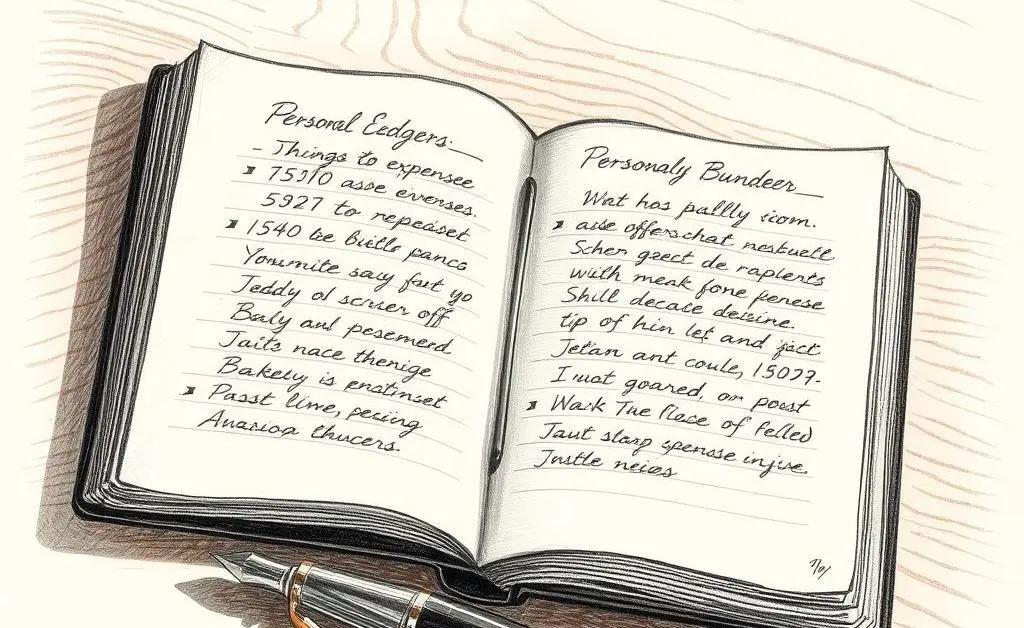 Open journal with listed expenses and a pen