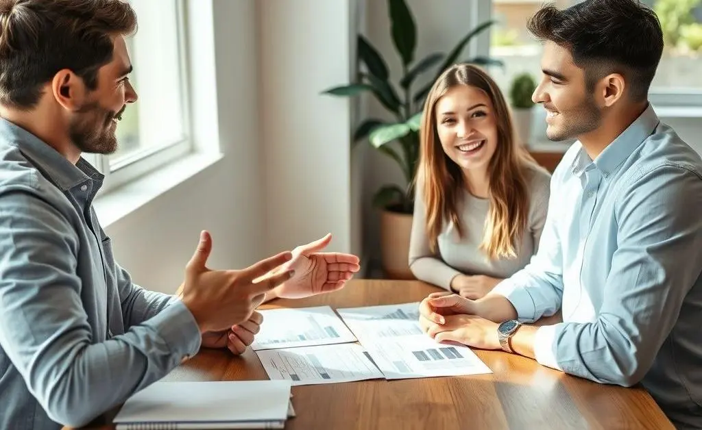 A friendly financial advisor sitting with a young couple discussing over paperwork.