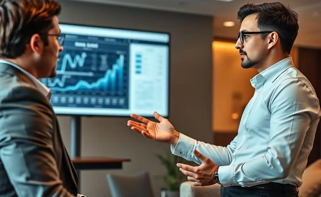 Two individuals in a conversation, with one gesturing to a chart, representing legal advice and discussion.