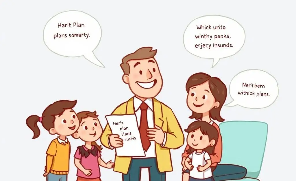 A cartoon of a friendly insurance agent explaining different plans to a family.