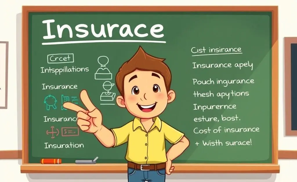 Illustration of a friendly character pointing at a chalkboard with insurance terms simplified for easy understanding