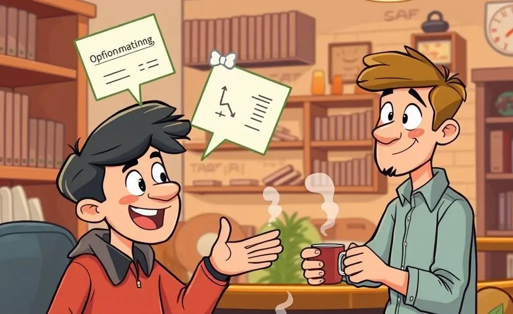 A cartoon-style illustration of a person explaining options trading basics to another person at a coffee shop.