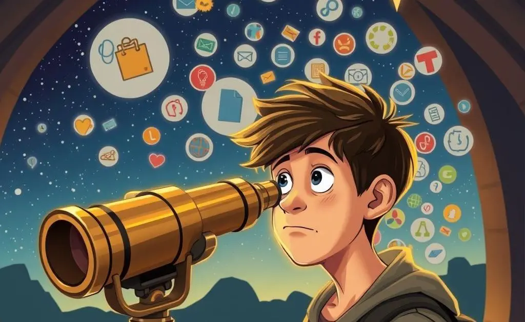 Character with telescope exploring hobbies and travel.
