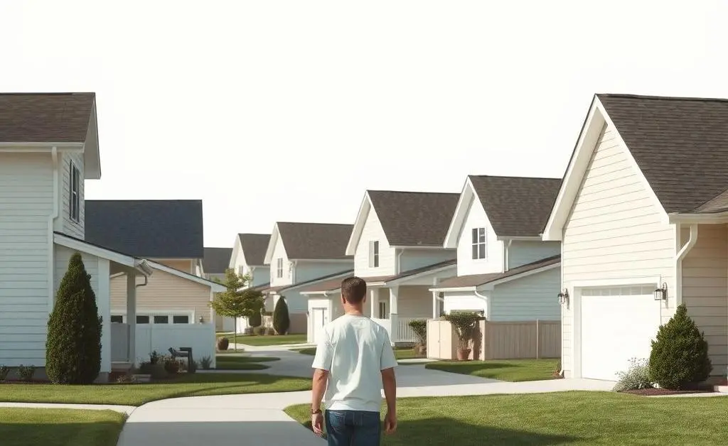 A person walking through a suburban neighborhood, observing houses.