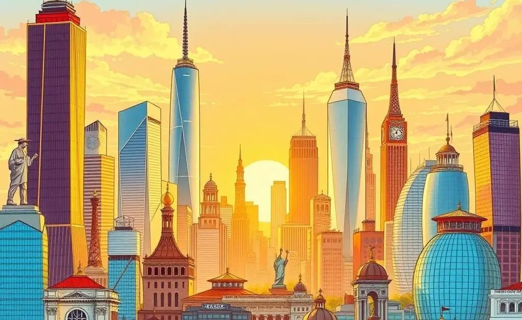 A city skyline with diverse landmarks.