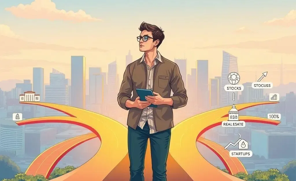 Illustration of a person standing at a crossroads of financial options, considering different investment paths.