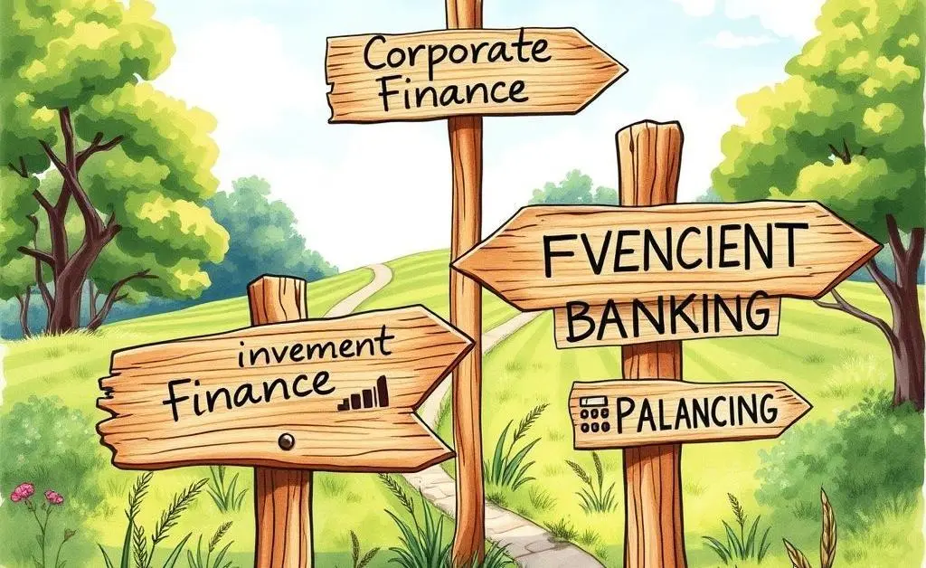 A hand-drawn style image of different signposts, each representing a different finance career path like corporate finance, investment banking, and financial planning.