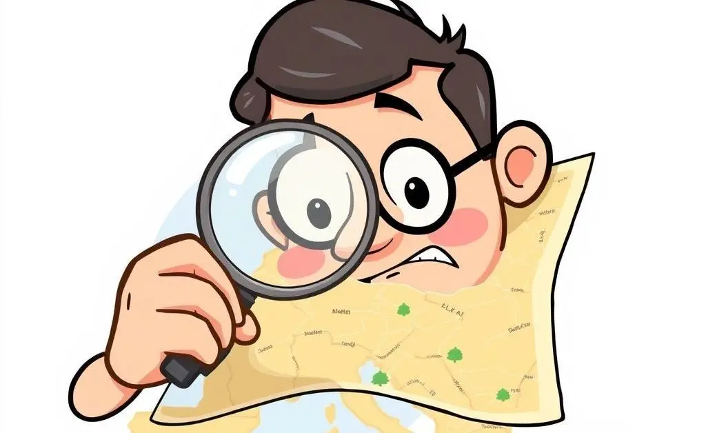 A cartoon-style map being examined by a curious investor with a magnifying glass.