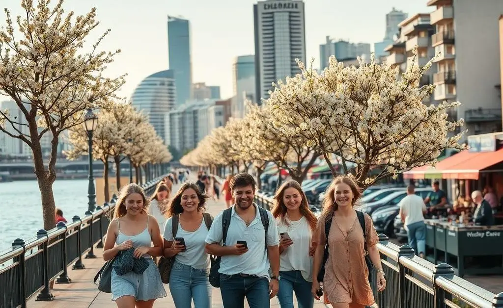 Friends exploring a new city.