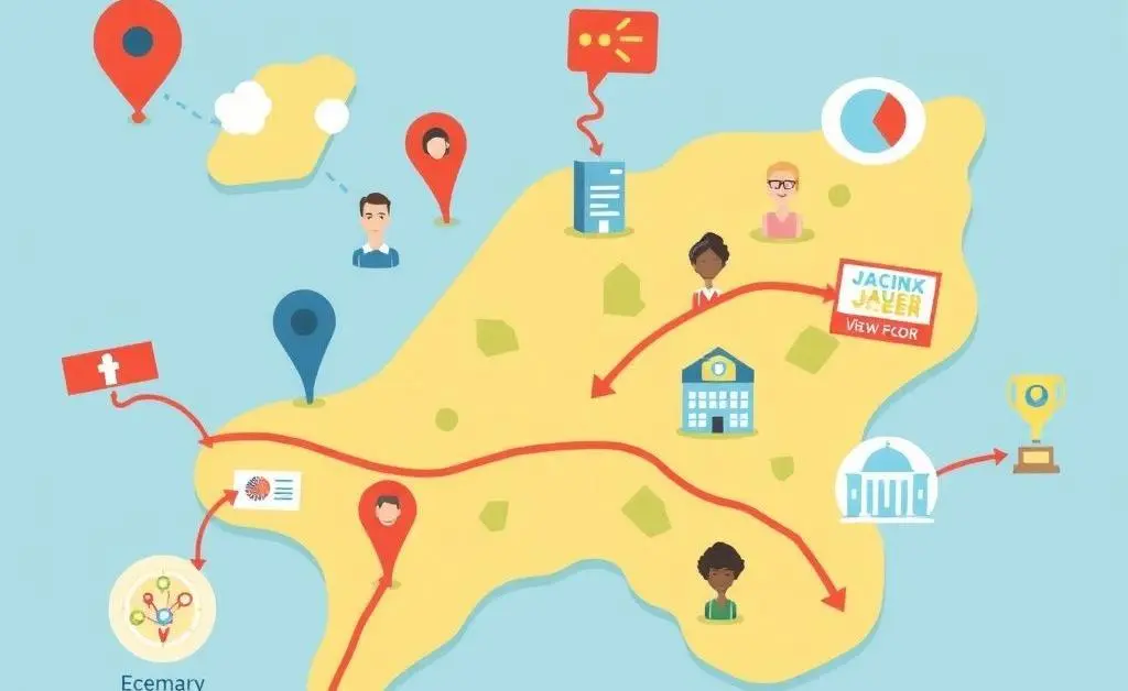 A cartoon-style map with various career icons, representing new job opportunities exploration.