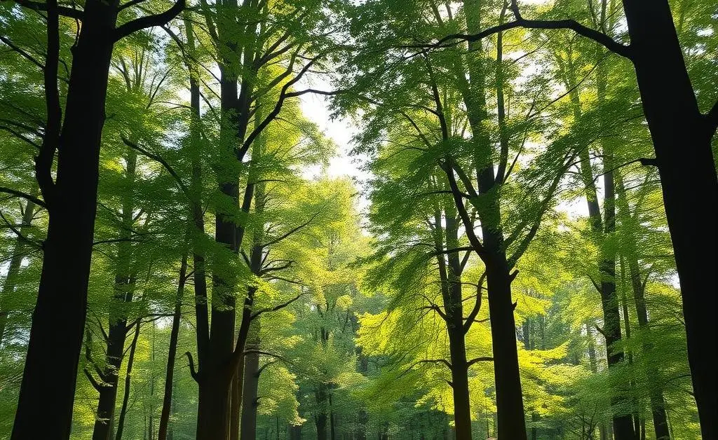 A person walking in a serene outdoor nature setting, filled with tall trees and sunlight peeking through.