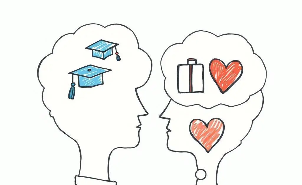 Hand-drawn thought bubbles from a couple with various life path icons inside like a graduation cap, suitcase, and a heart