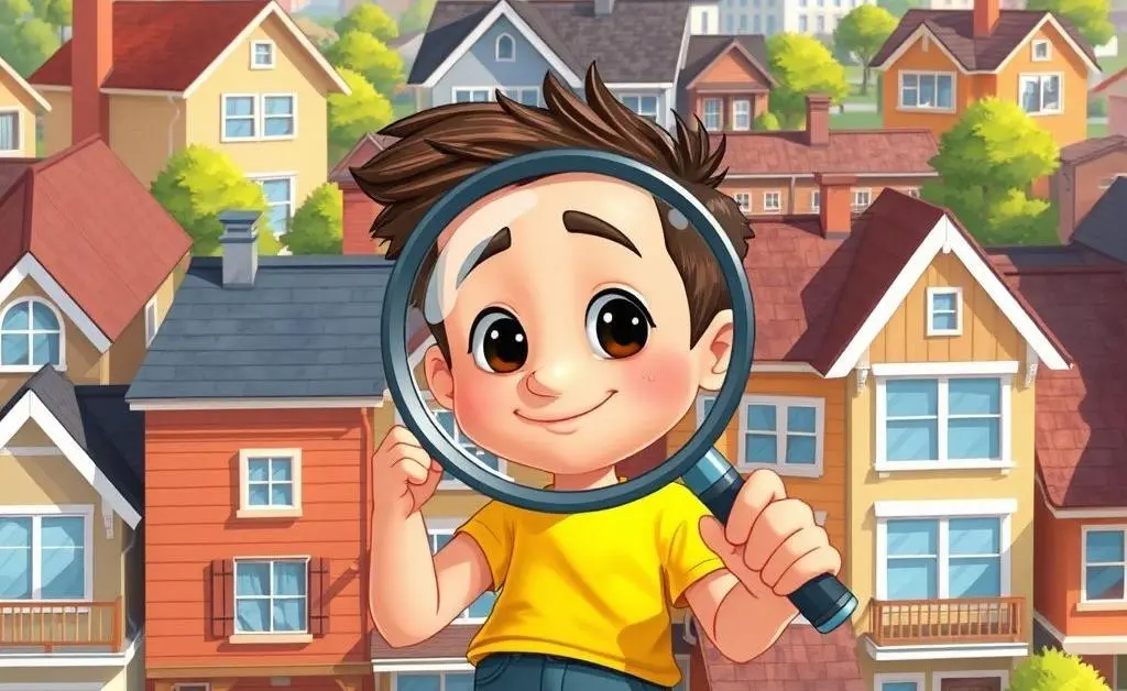 Person holding a magnifying glass over different homes