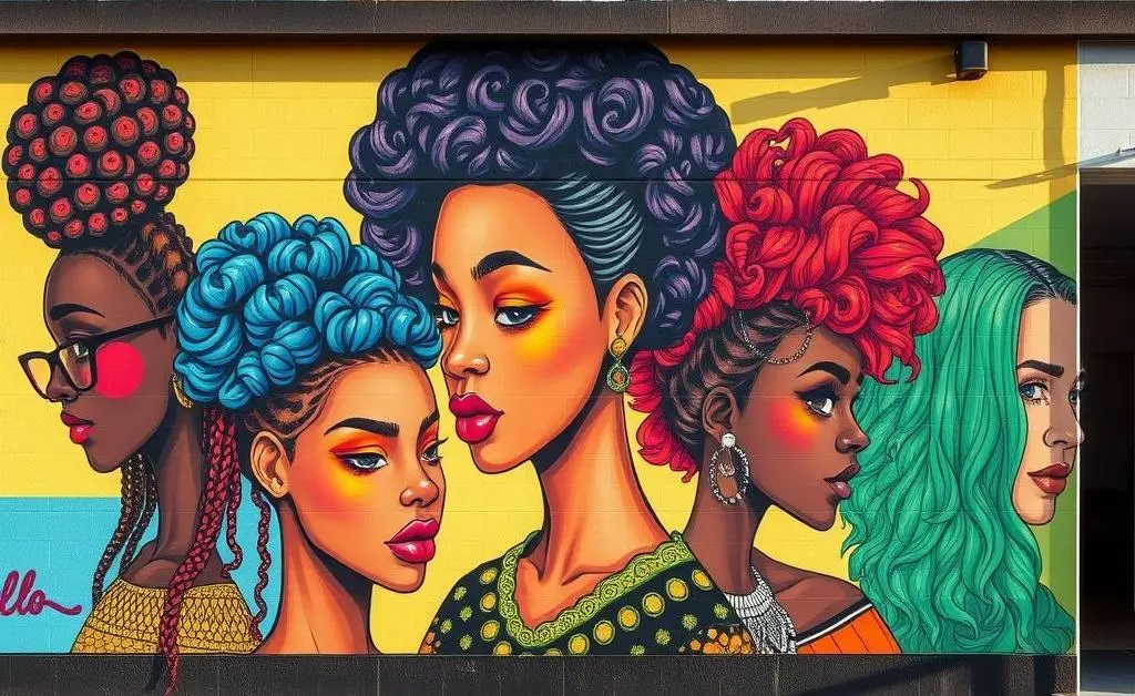 Wall art depicting various hairstyles and colors for individual expression and creativity.