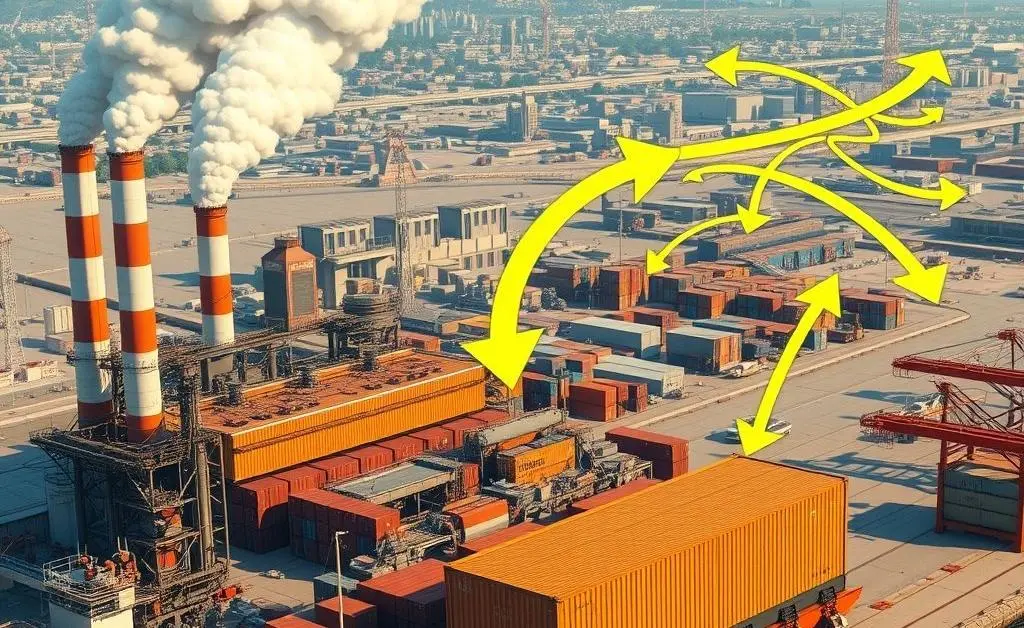 Factory and shipping container illustrating trade flow