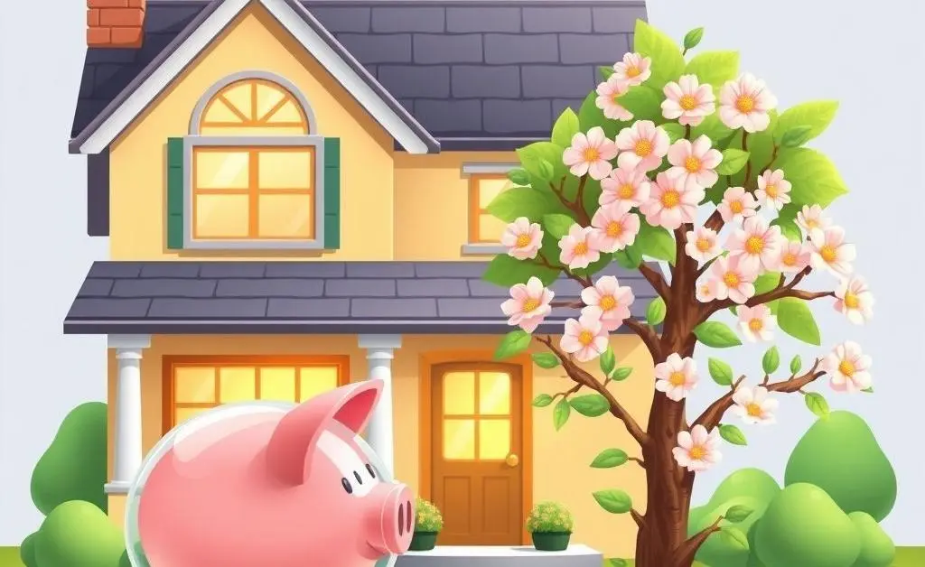 A cartoon-style family home with a transparent piggy bank in front and a blooming savings tree