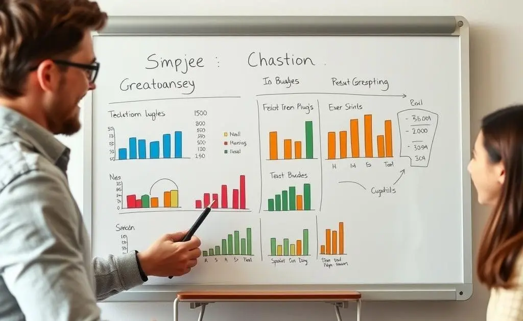 Family discussing budget using a whiteboard with charts and graphs