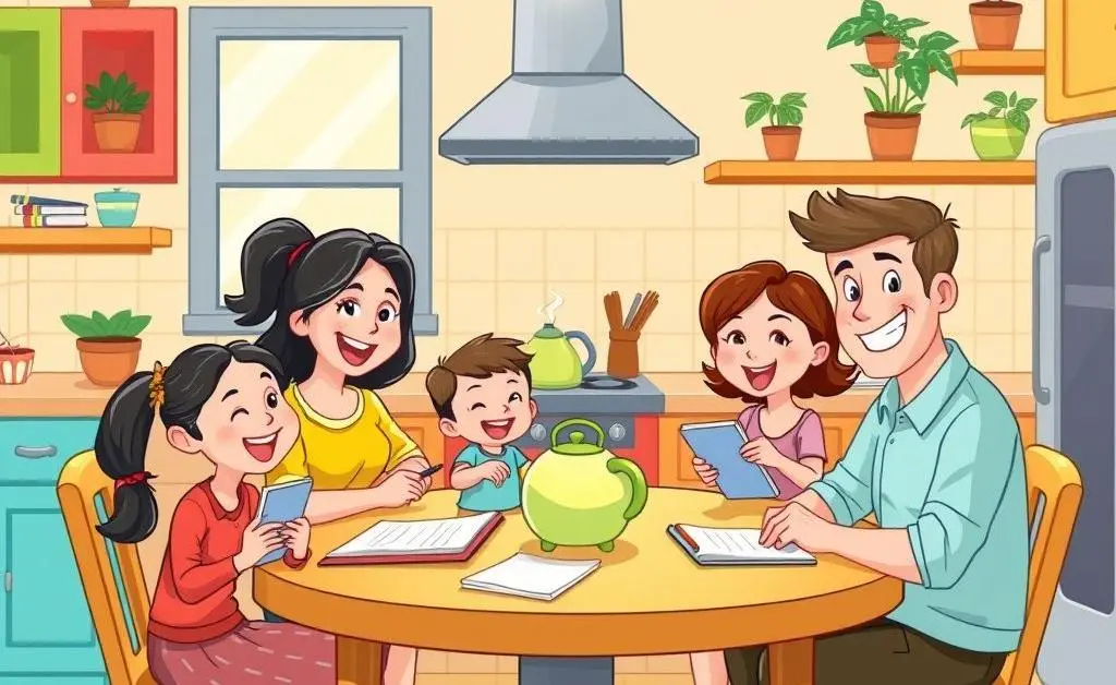 A family discussing their budget at the kitchen table.