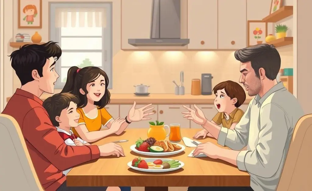 An illustration of a family gathered around the dining table discussing a household budget.