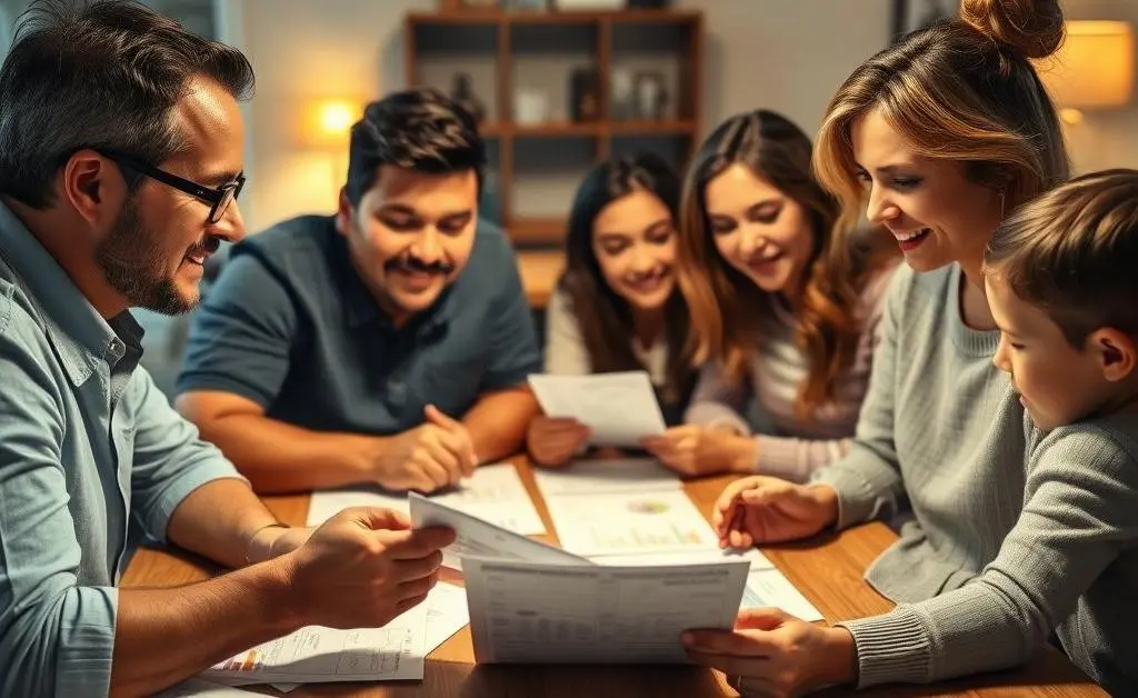 Family sitting together and discussing a budget, looking at various expenses on paper.