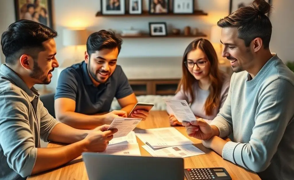 Family members sitting at a table discussing a budget using a secured credit card
