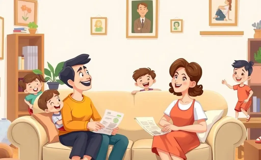Parents discussing the family budget while children play in the background