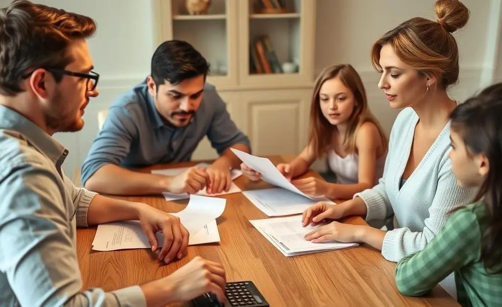 A family at a dining table discussing their budget with papers and a calculator.