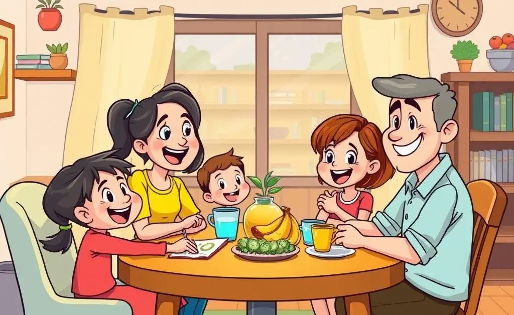 A family at a dining table discussing budgeting