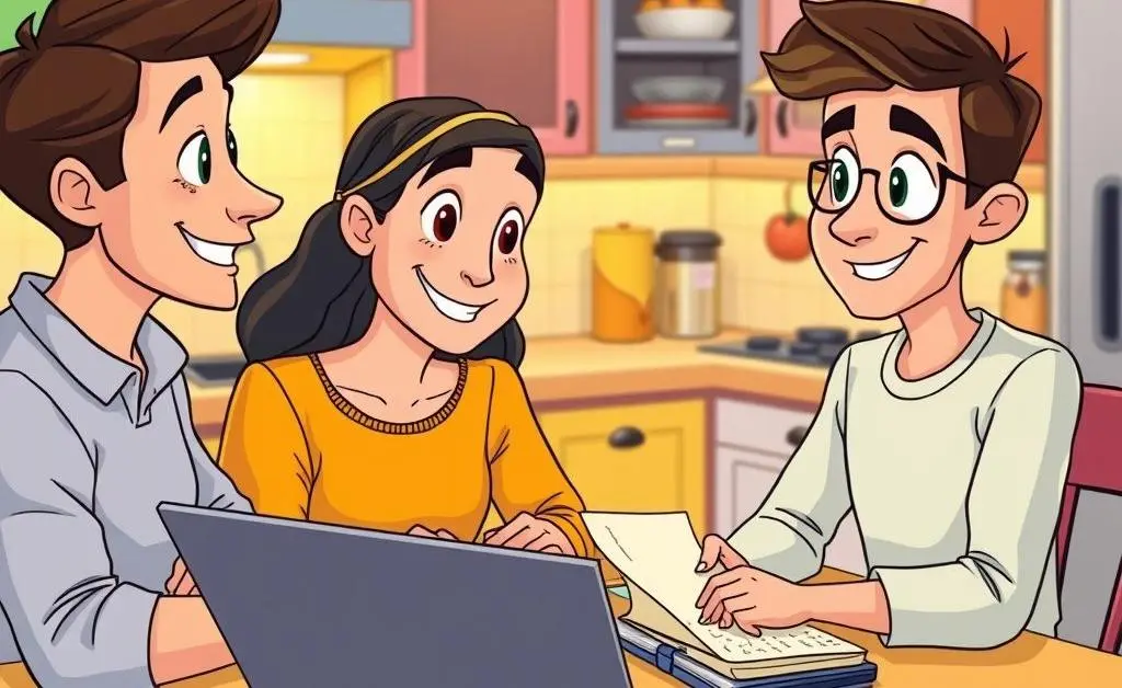 Parent and adult child discussing finances at a kitchen table